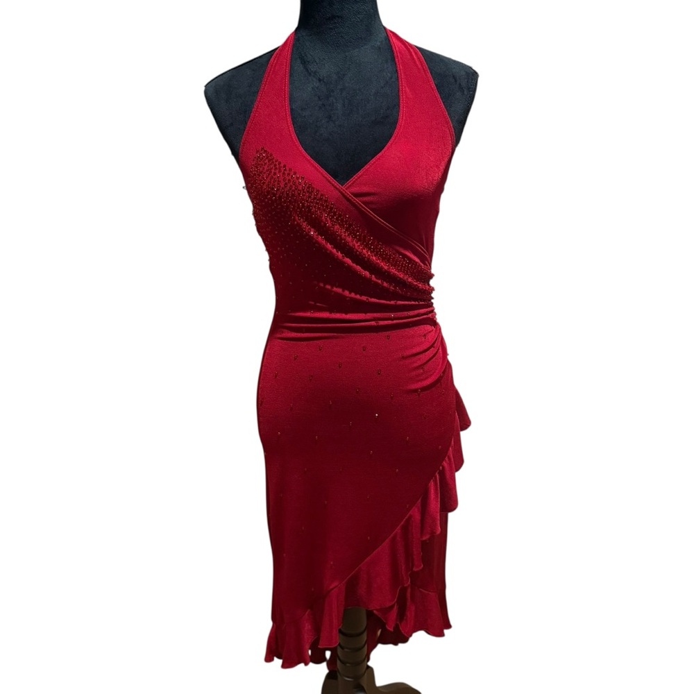 Rampage Y2K Red Beaded Halter Whimsigoth Asymmetric Hem Bodycon Dress Sz Small